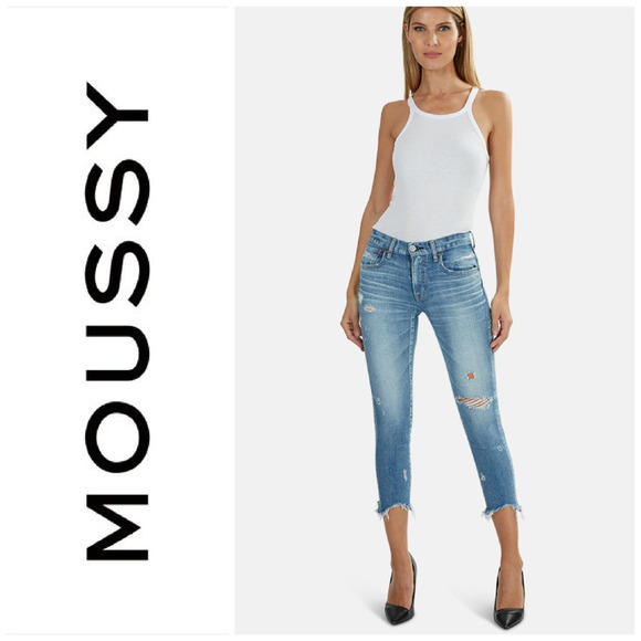 Moussy Vintage Glendale Skinny Jeans Light Wash Sz 24 Distressed Raw Hem Japan - Picture 1 of 7